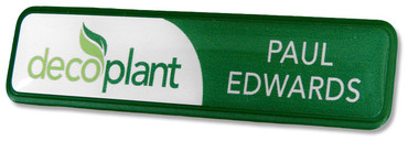 Prestige naambadges - Groene rand, witte achtergrond, deels groene opdruk | www.namebadgesinternational.be